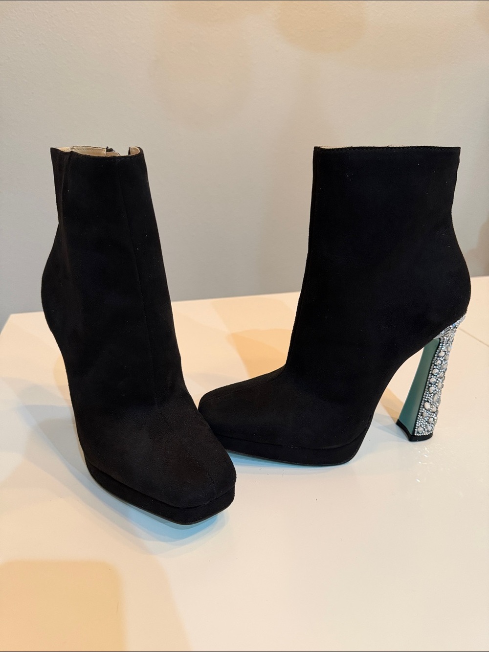 Betsey Johnson Black Suede Platform Ankle Boots with Crystal-Embellished Heel